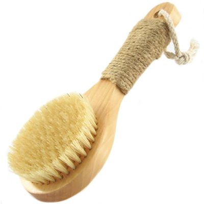Bath Brush Soft Solid Wood Short-Handled Round Head, Body Brush Natural Bristle Hair Gentle and Non-irritating Body Scrubber, Non-Slip Handle(Natural A,7.9 * 3.1inches*1)