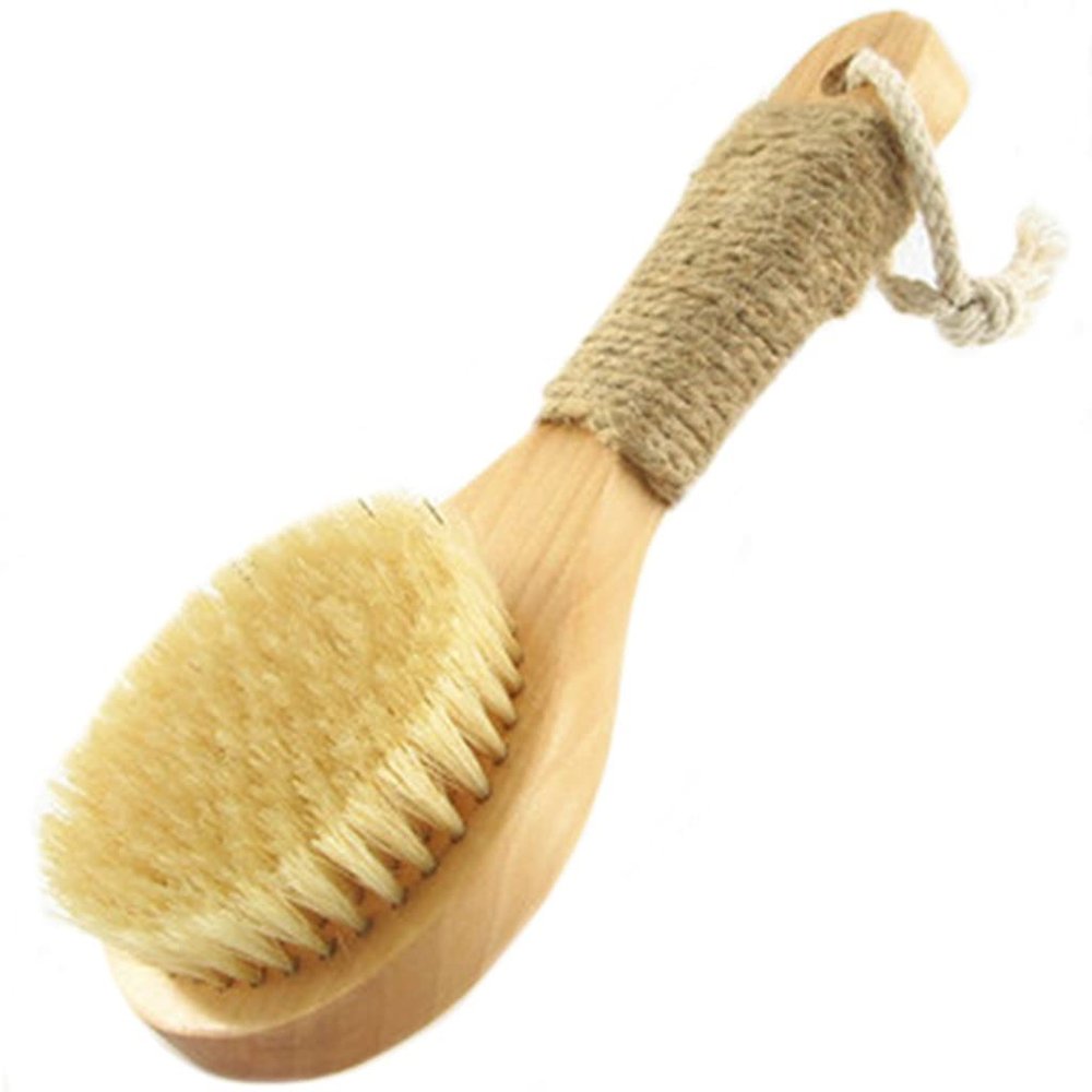 Bath Brush Soft Solid Wood Short-Handled Round Head, Body Brush Natural Bristle Hair Gentle and Non-irritating Body Scrubber, Non-Slip Handle(Natural A,7.9 * 3.1inches*1)