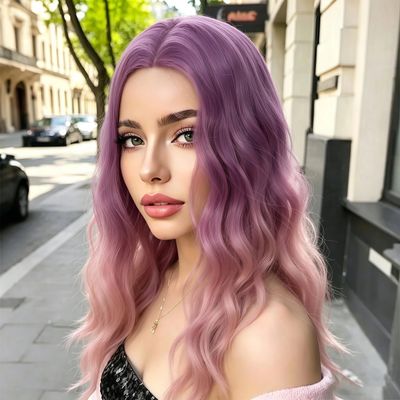 DWMGLP 18" Long Light Purple-Pink Ombre Curly Wavy Wig For Women Heat Resistant Fiber Wigs Halloween Cosplay Daily Party+Cap (Light Purple-Pink Ombre)