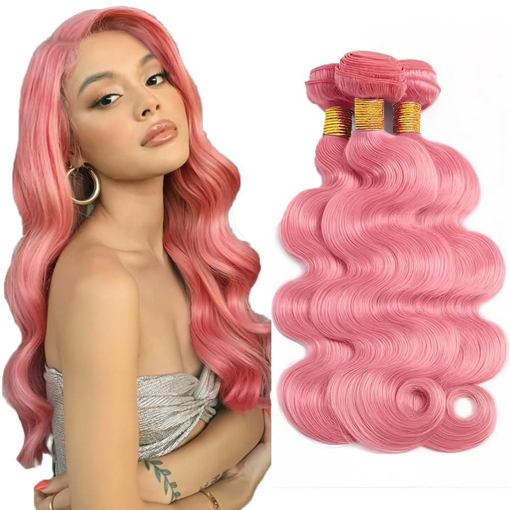 26 28 30 Inch Niegmeag Pink Human Hair Bundles Light Pink Bundles Human Hair Body Wave Bundle Unprocessed 3 Bundles 150g