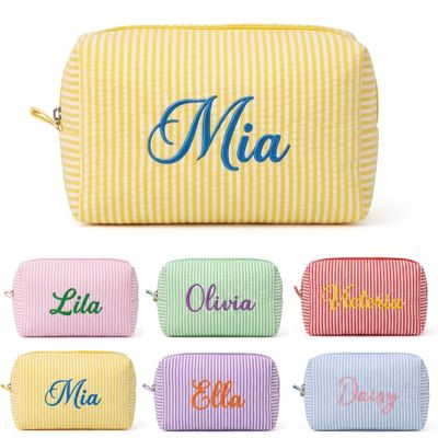 Mostop Custom Seersucker Makeup Bag, Personalized Embroidered Monogram Toiletry Pouch, Summer Beach Organizer, Gift for Her Bridesmaid Gift
