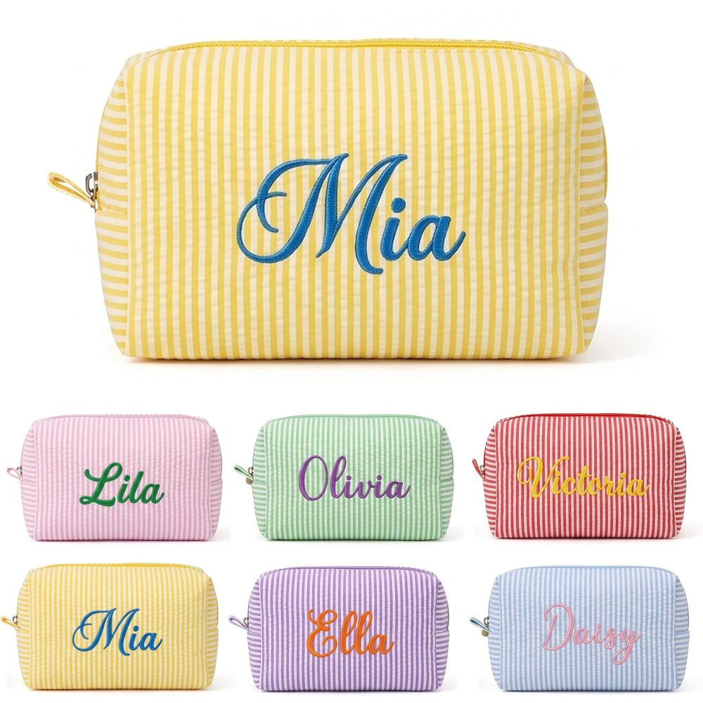 Mostop Custom Seersucker Makeup Bag, Personalized Embroidered Monogram Toiletry Pouch, Summer Beach Organizer, Gift for Her Bridesmaid Gift