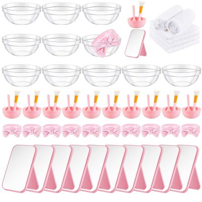Teenyyou 8 Set White Pink Spa Supplies for Girls Women Include Facial Mask Bowl with Stick Spatula Silicone Brush Mirror Headband Towel for DIY Sleepover Slumber Wedding Party Favor