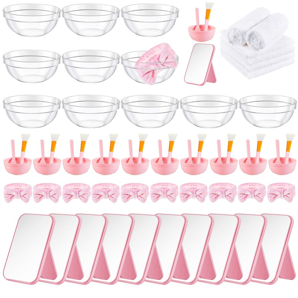 Teenyyou 8 Set White Pink Spa Supplies for Girls Women Include Facial Mask Bowl with Stick Spatula Silicone Brush Mirror Headband Towel for DIY Sleepover Slumber Wedding Party Favor
