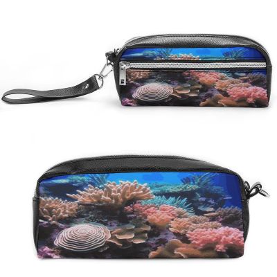 FekiLoot Underwater World Coral Pencil Case Aesthetic Pencil Bag for Women Leather Pen Case Simple Makeup Bags Small Pen Pouch Cute Cosmetic Bag for Purse Cosmetic Pouch Pen Bags with Zipper