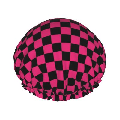 Retro Pink Black Checkerboard Print Shower Caps for Women, Reusable Shower Cap for Long Hair, Double Layers Elastic Band Hair Cap Bath Accessories Women