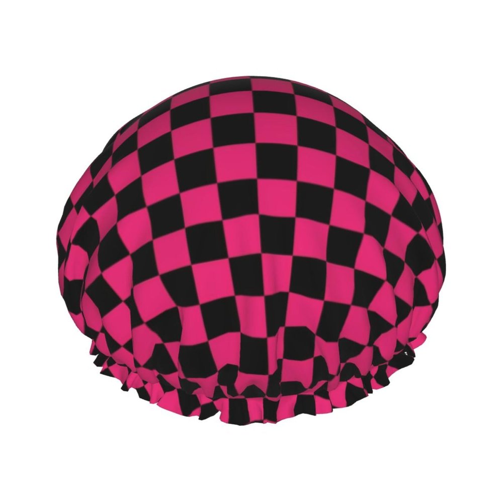 Retro Pink Black Checkerboard Print Shower Caps for Women, Reusable Shower Cap for Long Hair, Double Layers Elastic Band Hair Cap Bath Accessories Women