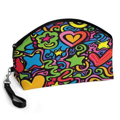 HKMNTGD Half Moon Makeup Bag,Cute Doodles And Linesprinted Portable Curved PU Leather Small Cosmetic Pouch with Wrist Strap