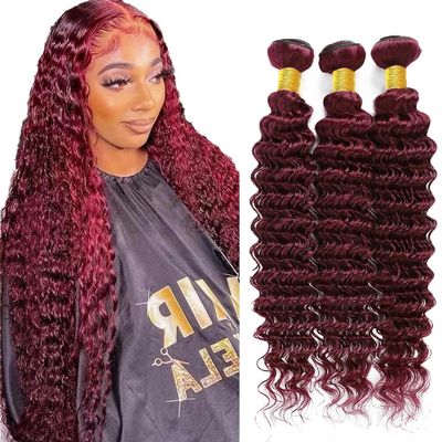 #99J Bundles Human Hair Burgundy Deep Wave Bundles 24 26 28 Inch 3 Bundle Unprocessed Wine Red Wet and Wavy Human Hair Extensions 50 Gram Per Bundle