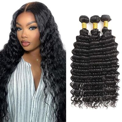 #1B Human Hair Bundles Natural Black Deep Wave Bundles 30 32 34 Inch Knotless Virgin Black Deep Wave Human Hair Extensions For Women 50g/Bundle Total 150g