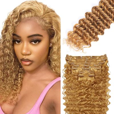 #27 Blonde Clip in Hair Extensions,Soft Real Human Hair 14 Inch 120g 7pcs,Brazilian Remy Clip ins for Women,Honey Blonde Deep Wave Clip ins Silky Hair Extensions