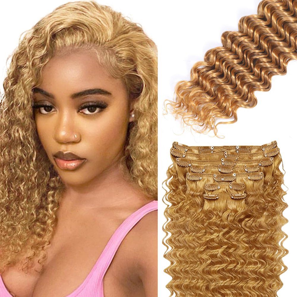 #27 Blonde Clip in Hair Extensions,Soft Real Human Hair 14 Inch 120g 7pcs,Brazilian Remy Clip ins for Women,Honey Blonde Deep Wave Clip ins Silky Hair Extensions