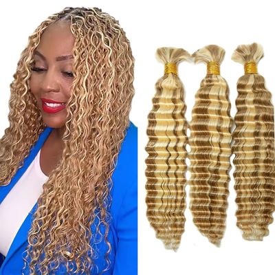 P27/613 Honey Blonde Braiding Human Hair for Boho Braiding Human hair 3 Bundles 22 22 22 Inch Highlight Blonde Deep Wave Boho Hair for Bulk Braids Human Hair Extensions 50 Gram Per Bundle