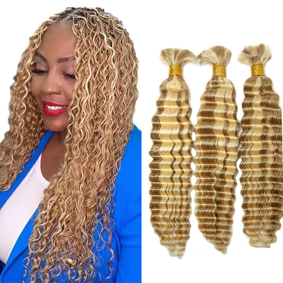 P27/613 Honey Blonde Braiding Human Hair for Boho Braiding Human hair 3 Bundles 22 22 22 Inch Highlight Blonde Deep Wave Boho Hair for Bulk Braids Human Hair Extensions 50 Gram Per Bundle
