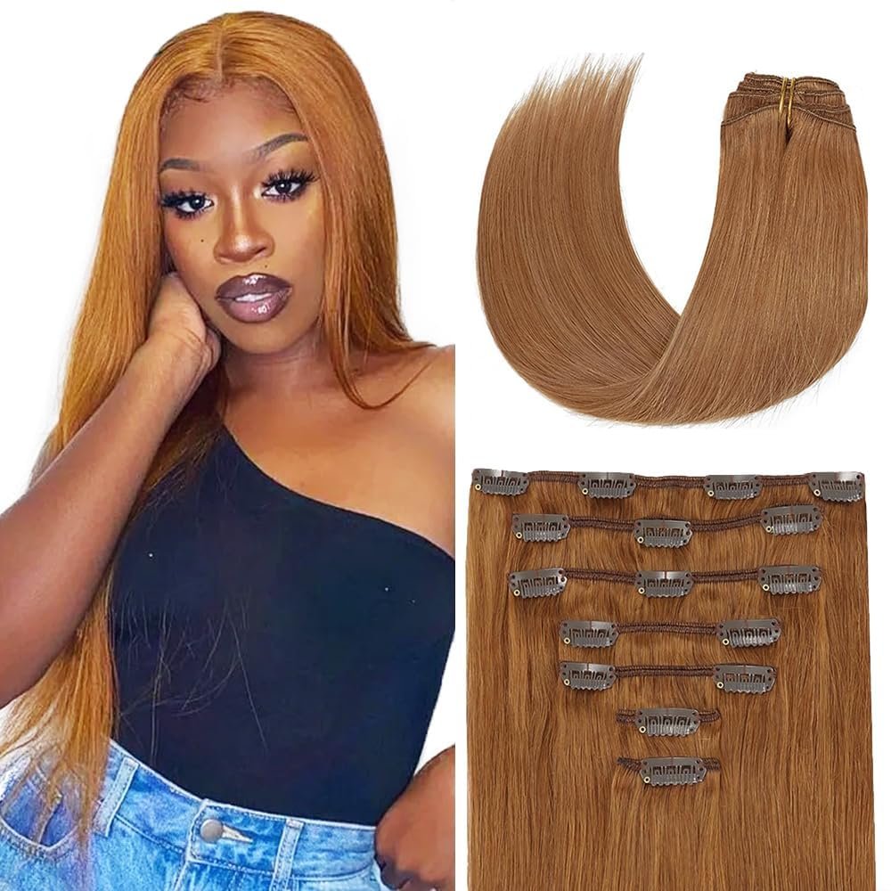 #30 Brown Clip in Hair Extensions Human Hair, Light Brown Straight Remy Human Hair Extensions Clip ins for Women, 22 Inch 120g 7Pcs, Remy Human Hair Extension