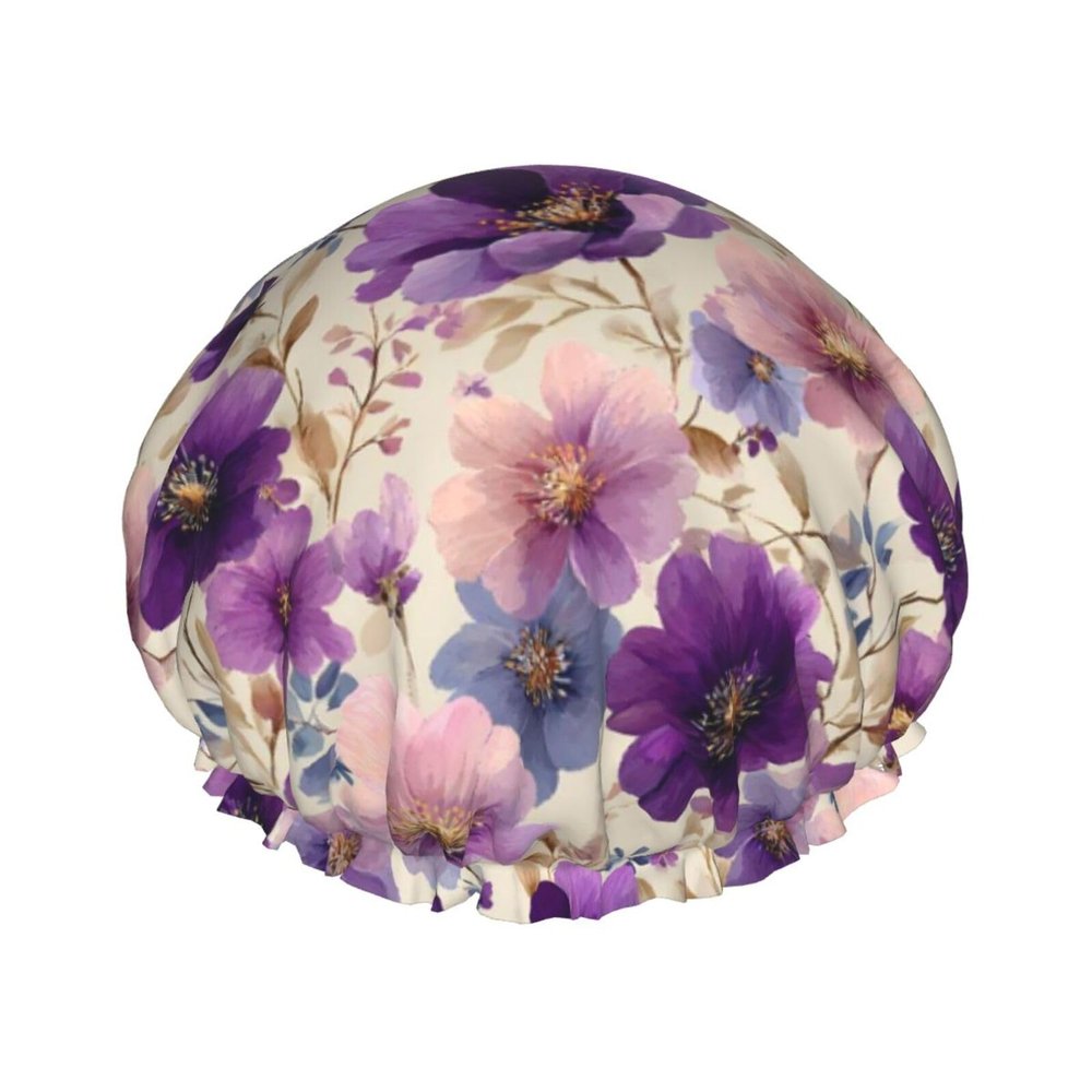 Pioyoku Retro Florals Purple (1) Print Shower Cap For Women, Reusable Shower Bonnet With Elastic, Double Layer Bath Cap For Shower, Spa & Travel
