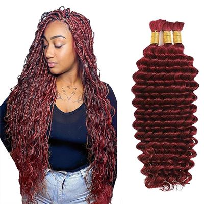#99J Burgundy Human Braiding Hair For Boho Braids 3 Bundles Human Hair 16 16 16 Inch Wine Red Deep Wave Bulk Human Hair for Braiding Knotless Bohemian Hair Extensions 150g