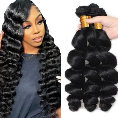 #1B Human Hair Bundles Loose Deep Wave Bundles Human Hair 16 18 20 Inch FuivJuix Unprocessed Brazilian Virgin Hair Natural Color Loose Wave Bundles Human Hair Extensions 3 Bundle 150 Gram For Woman