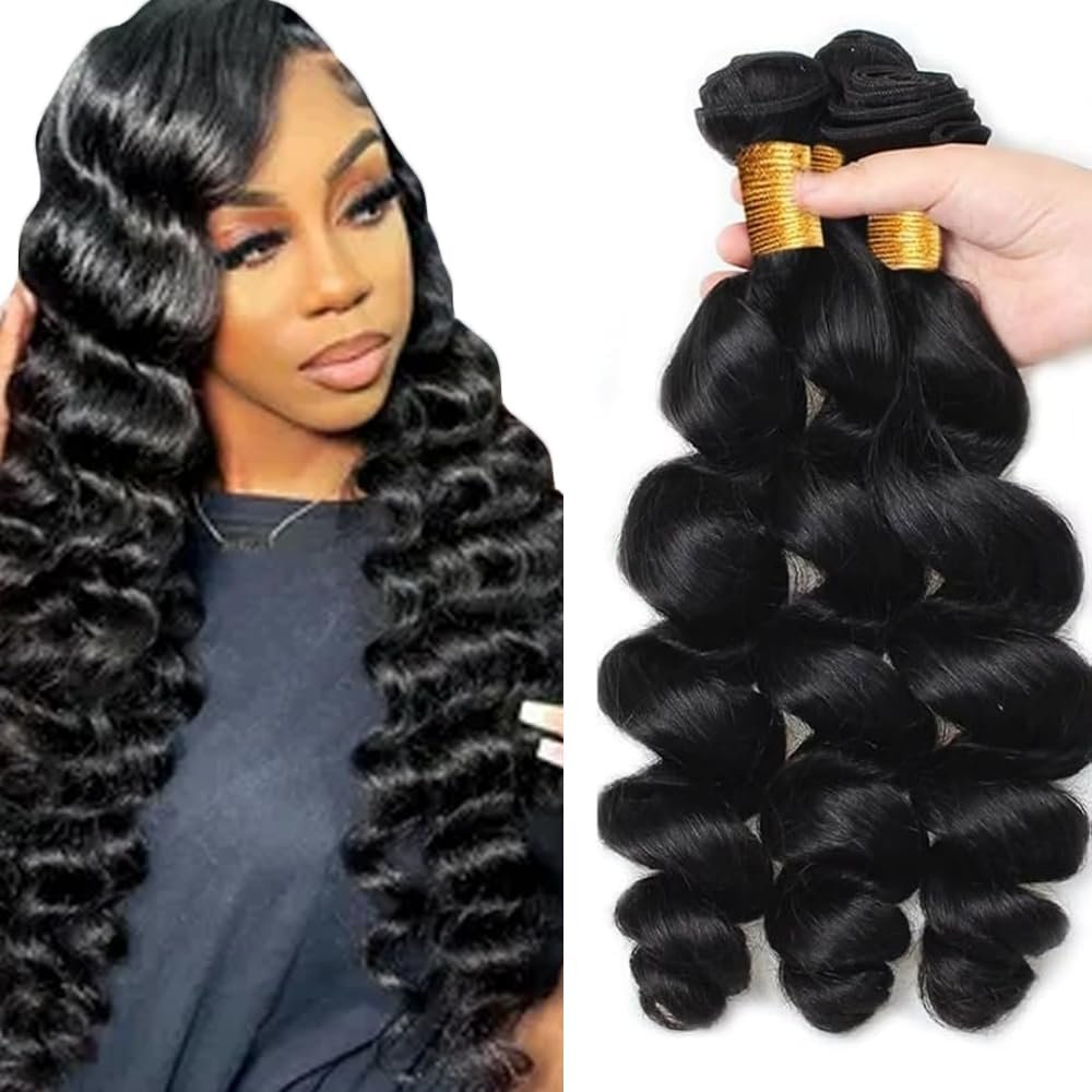 #1B Human Hair Bundles Loose Deep Wave Bundles Human Hair 16 18 20 Inch FuivJuix Unprocessed Brazilian Virgin Hair Natural Color Loose Wave Bundles Human Hair Extensions 3 Bundle 150 Gram For Woman