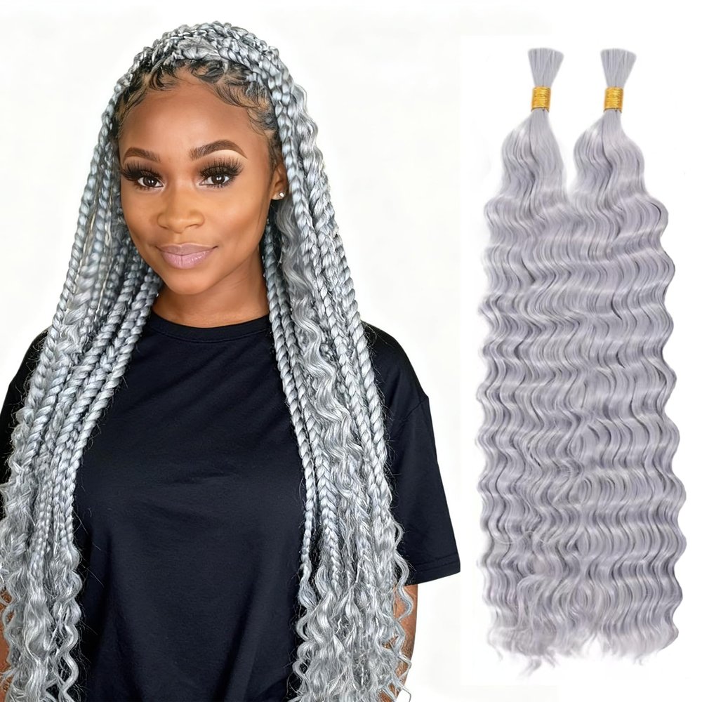 Human Braiding Hair for Boho Braids Grey Deep Wave Hair, 20 Inch 100g