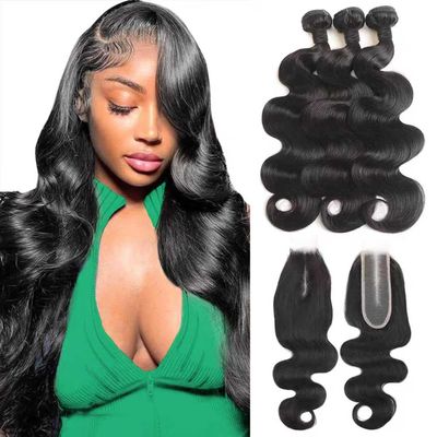 12A Human Hair Bundles with Closure 16 18 20 with 14 Inch Brazilian Body Wave 3 Bundles Human Hair with 2x6 HD Lace Closure 100% Unprocessed Virgin Human Hair Weave