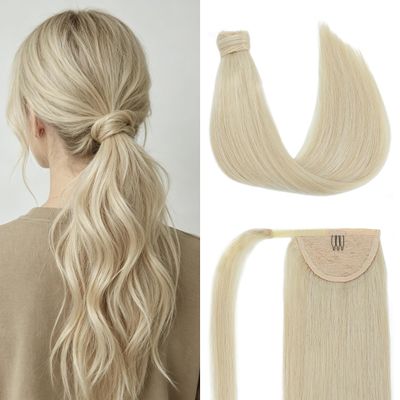 Pinkpearl Human Hair Ponytail Extension, #60 Platinum Blonde Real Hair Ponytail Extension for Women Straight with Wrap Around Magic Paste Ponytail Extensions Human Hair One Piece 14inch 65g(P#60-14in)