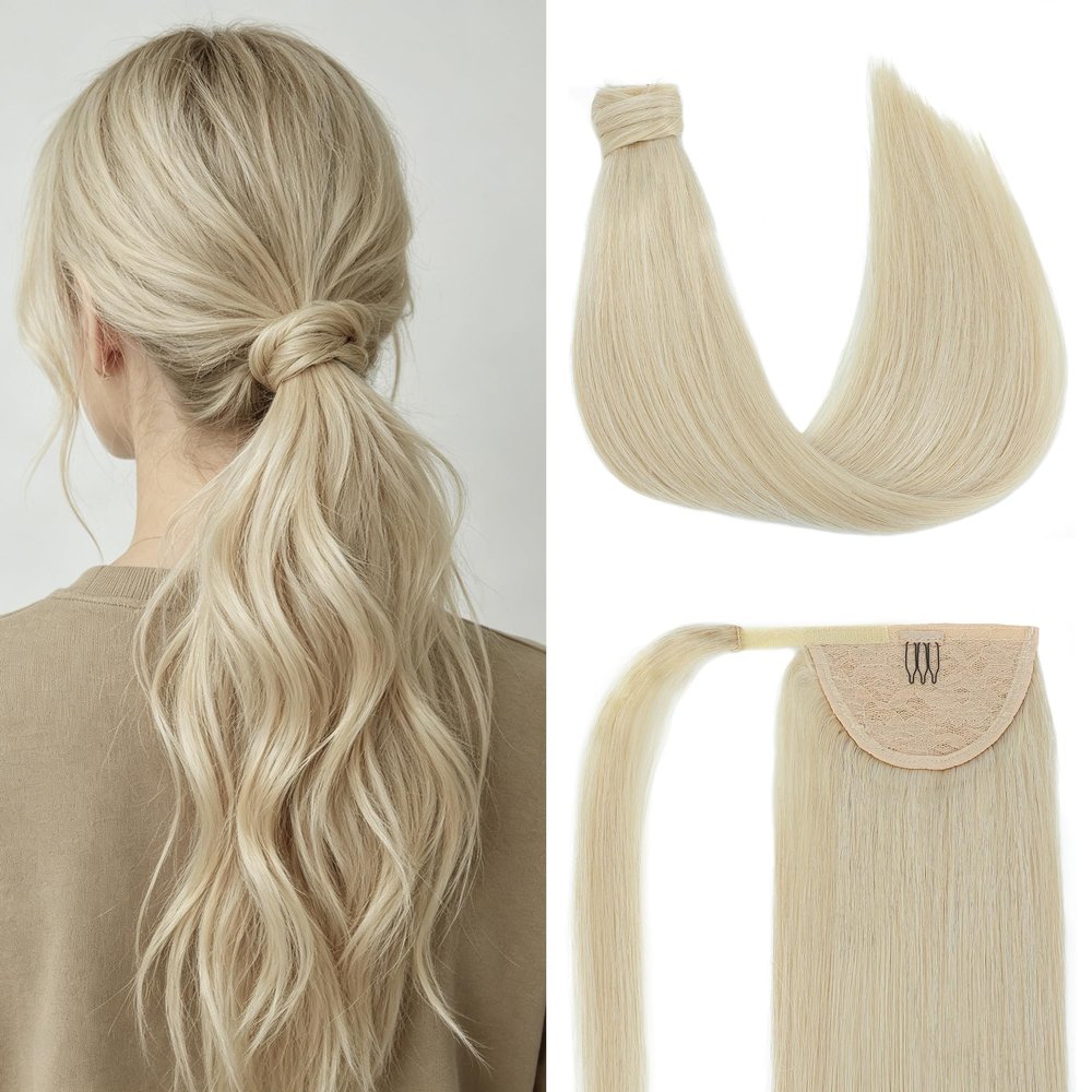 Pinkpearl Human Hair Ponytail Extension, #60 Platinum Blonde Real Hair Ponytail Extension for Women Straight with Wrap Around Magic Paste Ponytail Extensions Human Hair One Piece 14inch 65g(P#60-14in)