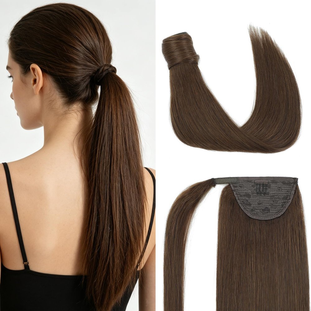 Pinkpearl Ponytail Extension Human Hair, 14inch 65g #4 Chocolate Brown Remy Natural Real Hair Ponytail Extension, Straight with Wrap Around Magic Paste Ponytail Hairpiece Clip in Extensions (P#4-14in)