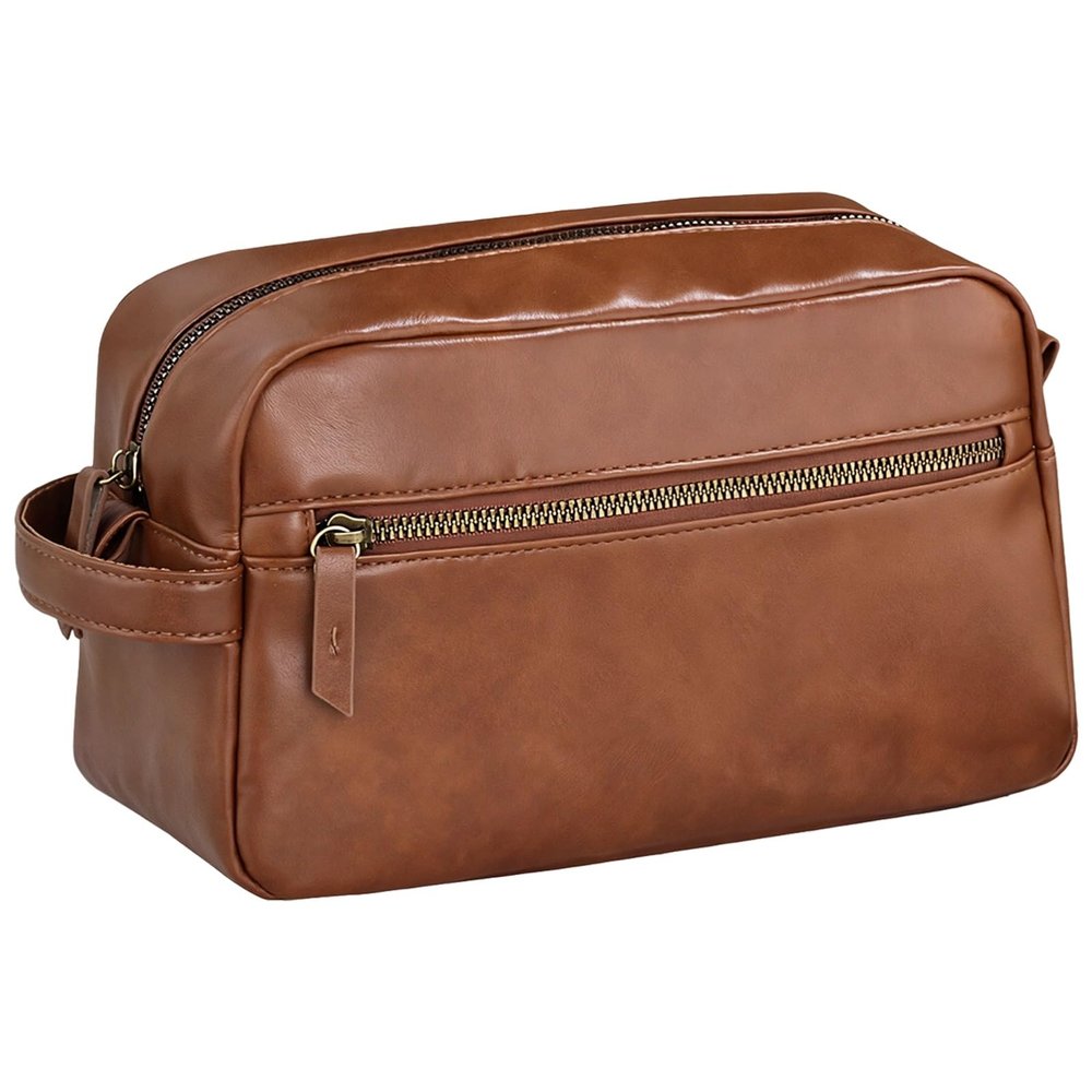 Tressify Brown PU Leather Toiletry Bag for Men, 9.8 x 4.1 x 5.7 in Travel Wash Bag, Large Capacity Cosmetic Bag with Multiple Compartments for Business Trip and Daily Use