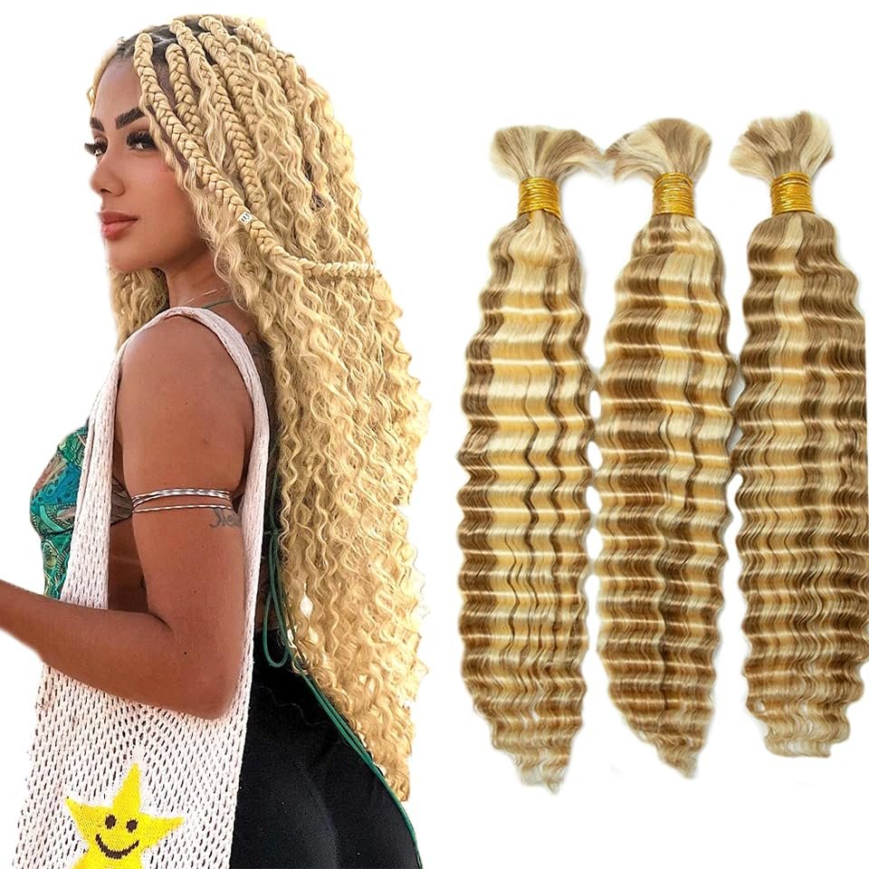 14 14 14 Inch P27/613 Honey Blonde Human Braiding Hair for Boho Braids Human Hair Weave Deep Wave Bulk 3 Bundle Unprocessed Brazilian Virgin Hair Honey Blonde Deep Water Braiding Hair Extensions 150g
