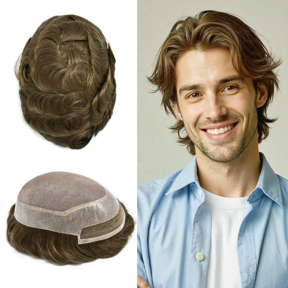 Toupee for Men Real Human Hair Piece Swiss Lace Front Hair System for Men Durable Fine Mono Mens Replacement System Hairpieces Prosthesis #7 Very Light Brown-110% Light to Medium Density 6X9"