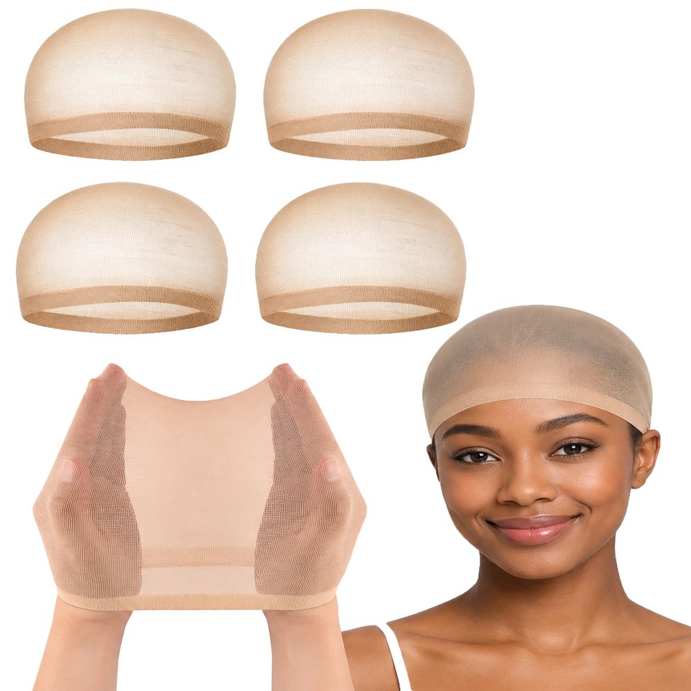 4 Pieces Real HD Wig Caps Breathable Ultra-thin Stretchy WigCap Beige Stocking for Wigs