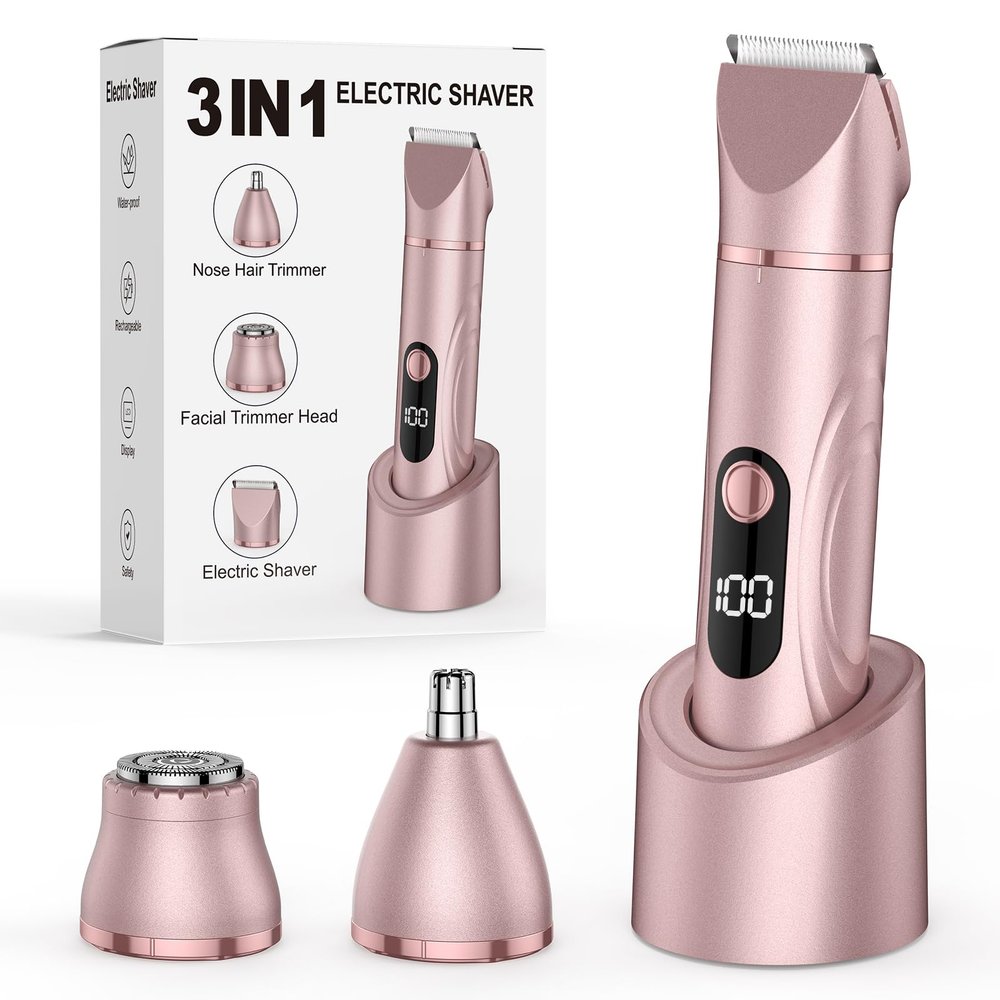 Bikini Trimmer for Women 3 in 1 Electric Shaver Razors Nose Hair Trimmer Waterproof Pubic Hair for Underarm Leg Arm Body (Rose Gold)