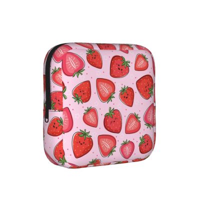 TINUADEE Kawaii Cute Pink Strawberry Strawberries Period Bag For Women,Portable Sanitary Napkin Period Pad Pouch For Purse, Small Make Up Bags