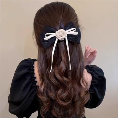 Black spring hair clips female back of the hairpin camellia floral ribbon a word clip top clip headwear