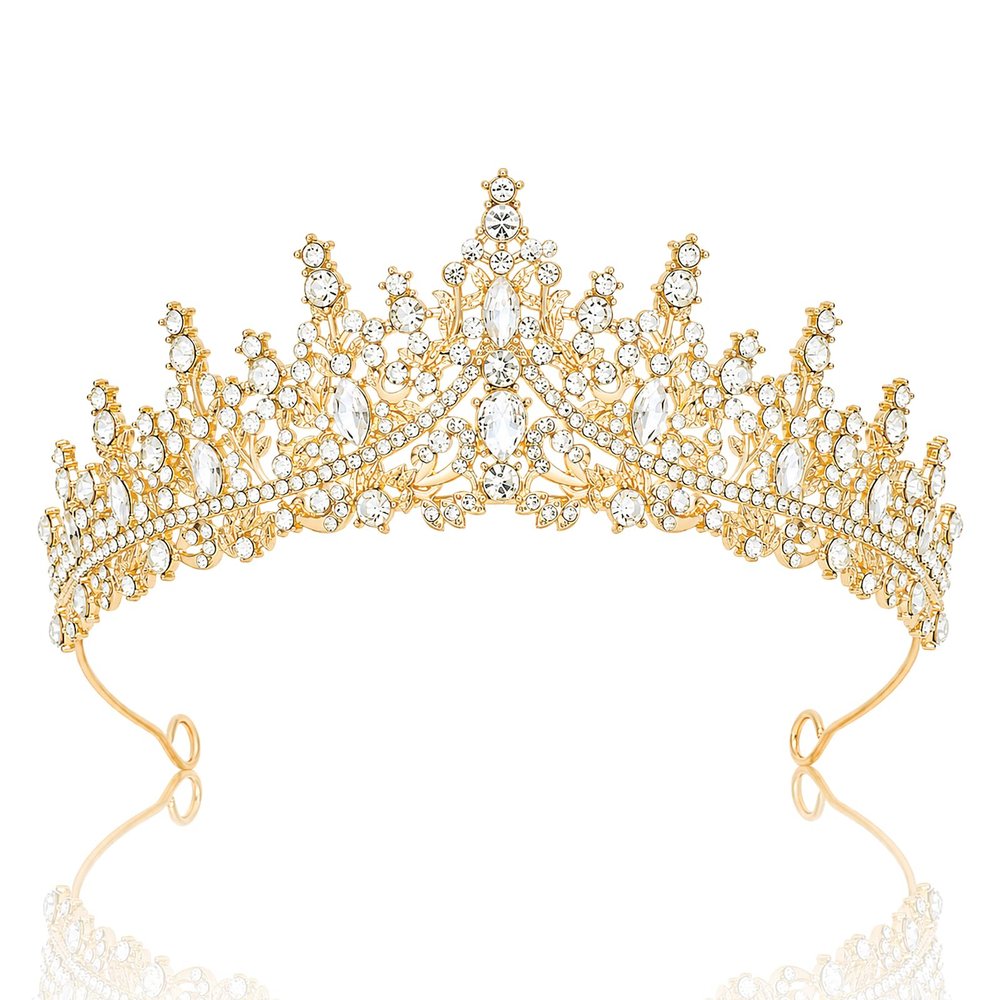 Queen Crown Rhinestone Wedding Crowns and Tiaras for Women Costume Party Hair Accessories Princess Birthday Crown Crystal Bridal Crown (Gold+White)