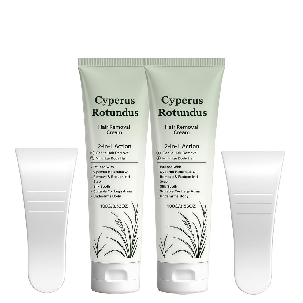 Cyperus Rotundus Oil Hair Removal Cream for Women, 2-in-1 Moisturizing Depilatory Cream for Arms Legs Underarms & Bikini Line, Gentle Sensitive Skin Formula, 3.52 oz (2)