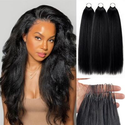 Kinky Straight Feather Crochet Human Hair Blended 24In 150 Strands Feather Crochet Hair for Black Women Miracle Knots Pre Looped Invisible Synthetic Feathered Tip Braids Extensions, Black(KS)