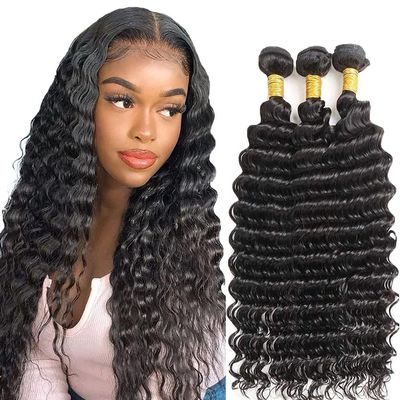 Deep Wave Human Hair Bundles #1B Natural Black 14 16 18 Inch 3 Bundles Human Hair Deep Wave Wet and Wavy Trippy Hair Extensions Double Weft for Woman