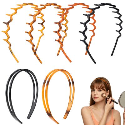 ECNHIVE 6 Pcs Zig Zag Headbands Set - Double Row Teeth Plastic Hair Comb Hoop, Premium Bright Non-Slip Sharks Tooth Hairs Bands, Hair Accessories for Women Lady Girls (Black/Amber)