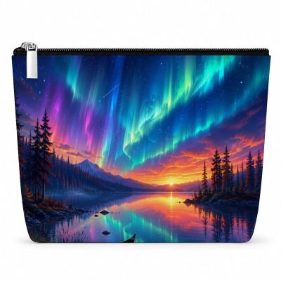 SNRLZUY Aurora Over Tranquil Mountain Lake PU Leather Makeup Bag, Portable Cosmetic Organizer with Zipper, Travel Toiletry Pouch for Bathroom, Vacation & Business Trips