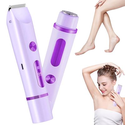 2-in-1 Bikini Trimmer for Women, Bikini Shaver with Dual Heads, Electric Trimmer Rechargeable Cordless Electric Razors for Face Chin Pubic Legs with LCD Display (Purple)