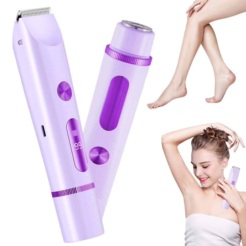2-in-1 Bikini Trimmer for Women, Bikini Shaver with Dual Heads, Electric Trimmer Rechargeable Cordless Electric Razors for Face Chin Pubic Legs with LCD Display (Purple)