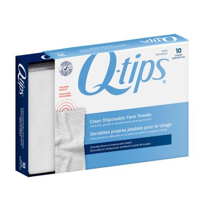Q-tips Clean Disposable Face Towels, Ultra-Soft & Durable, Clean Towels for Face, Gentle on Sensitive and Acne-Prone Skin, 10 Count
