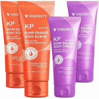2 Pack KP Bump Eraser Body Scrub & Keratosis Pilaris Lotion Set with 10% AHA + BHA Strawberry Legs Treatment for Women & Man - Exfoliates & Deeply Hydrates for Smoother Healthy-Looking Skin