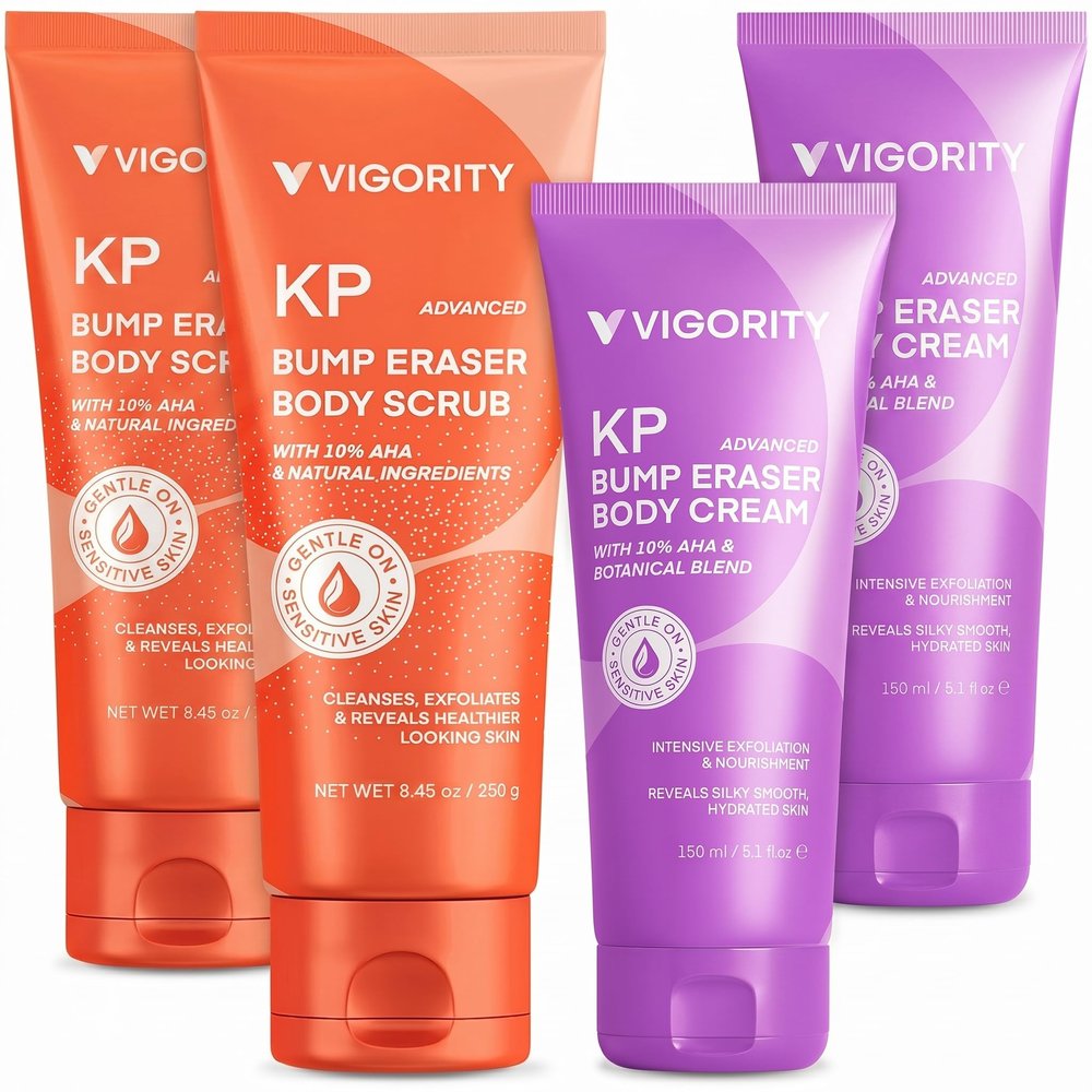 2 Pack KP Bump Eraser Body Scrub & Keratosis Pilaris Lotion Set with 10% AHA + BHA Strawberry Legs Treatment for Women & Man - Exfoliates & Deeply Hydrates for Smoother Healthy-Looking Skin