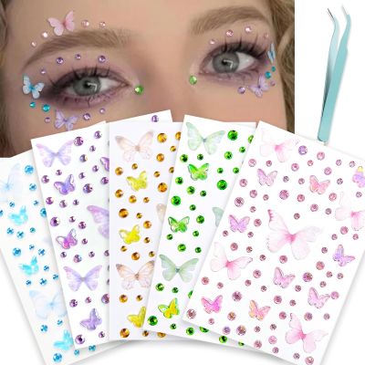 5 Sheets Colorful Butterfly Face Gem Stickers for Crafts Glitter 3D Stickers for Scrapbooking Face Gems for Women Sticker Self Adhesive Rhinestones Sticker Jewels Scrapbook