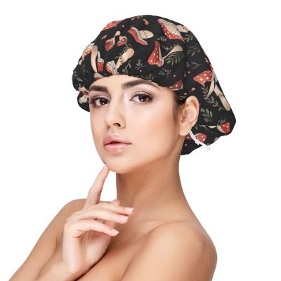 Nuzjahu Amanita Mushroom and Heart Shapes Print Silk Bonnet for Sleeping Women Double Layer Satin Bonnet Elastic Hair Satin Bonnets for Women's Natural & Curly Hair