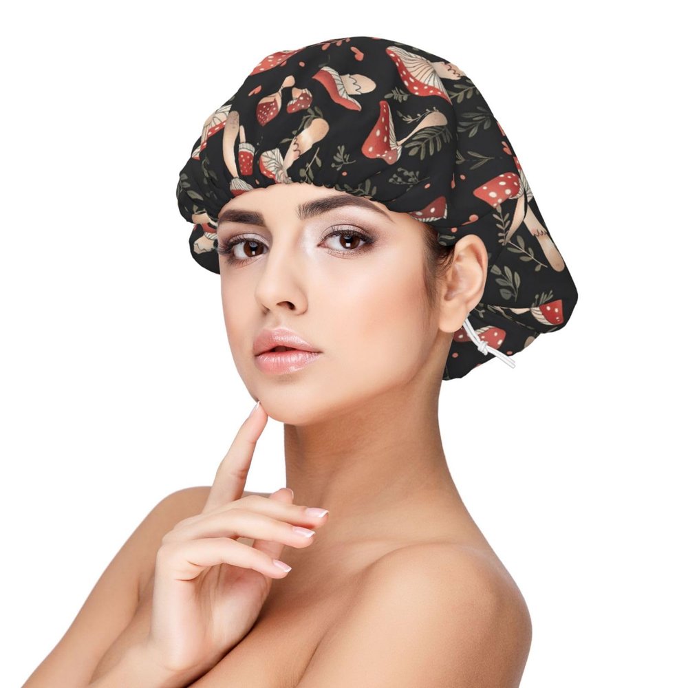 Nuzjahu Amanita Mushroom and Heart Shapes Print Silk Bonnet for Sleeping Women Double Layer Satin Bonnet Elastic Hair Satin Bonnets for Women's Natural & Curly Hair