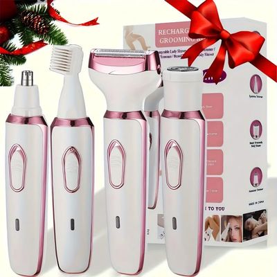 4 in 1 Women Electric Shaver Kit, USB Rechargeable, Face and Body Hair Removal, Eyebrow, Nose Trimmer for Legs and Armpits